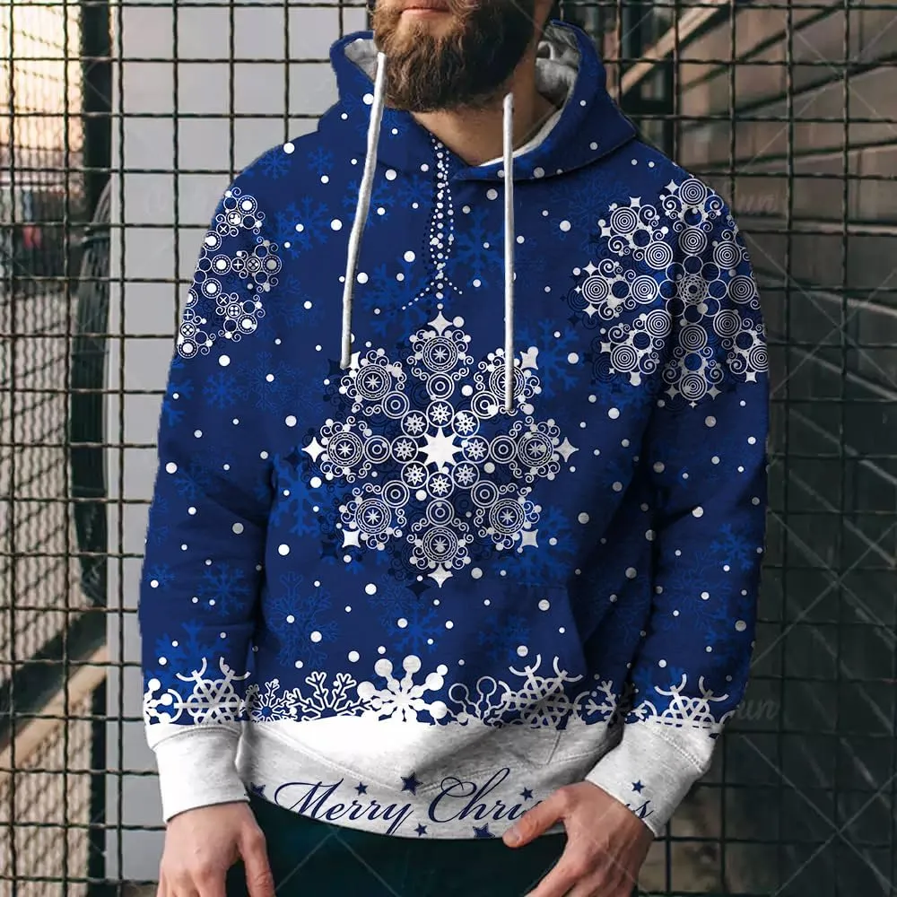 Bengbobar Men's Christmas Hoodies for Men Pullover Xmas Sweatshirts Funny Snowflake Printed Long Sleeve Drawstring Tops