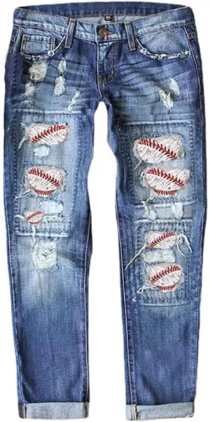 Bengbobar Ripped Jeans for Womens Distressed Plaid Denim Patchwork Boyfriend Skinny Straight Leg Pants High Waisted Jeans