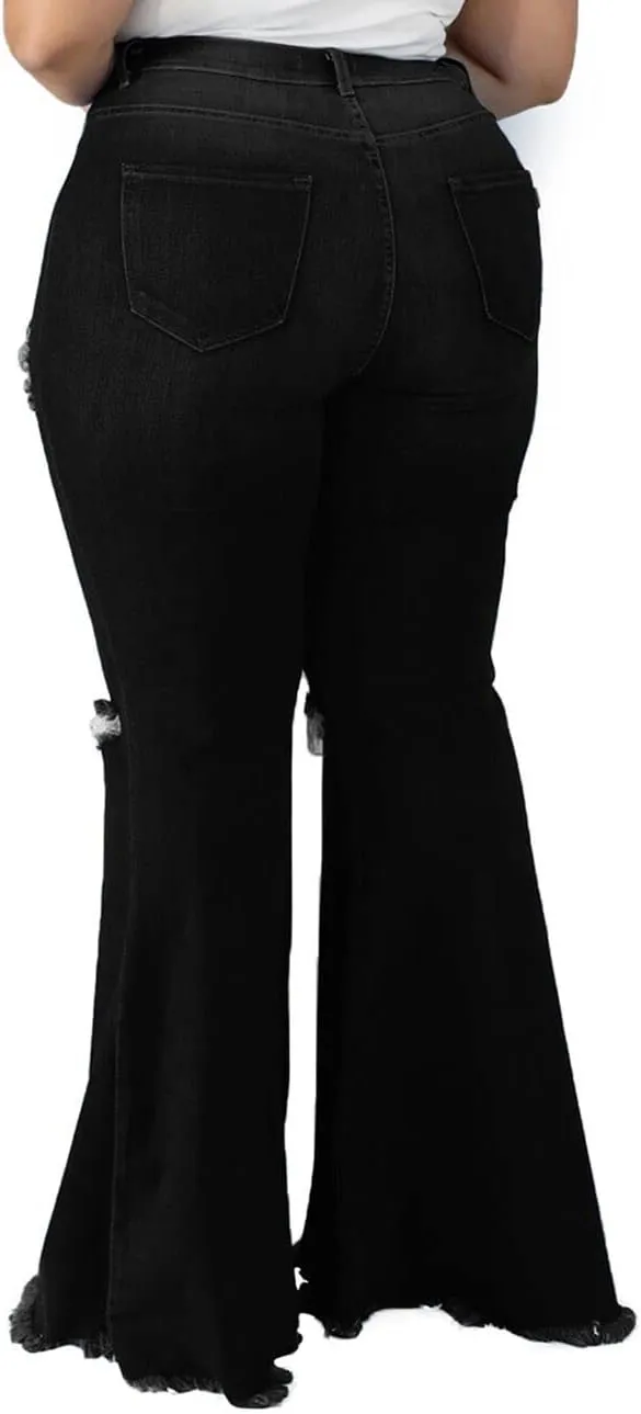 BessCops Plus Size Bell Bottom Jeans for Women Elastic High Waisted Classic Flared Denim Pants