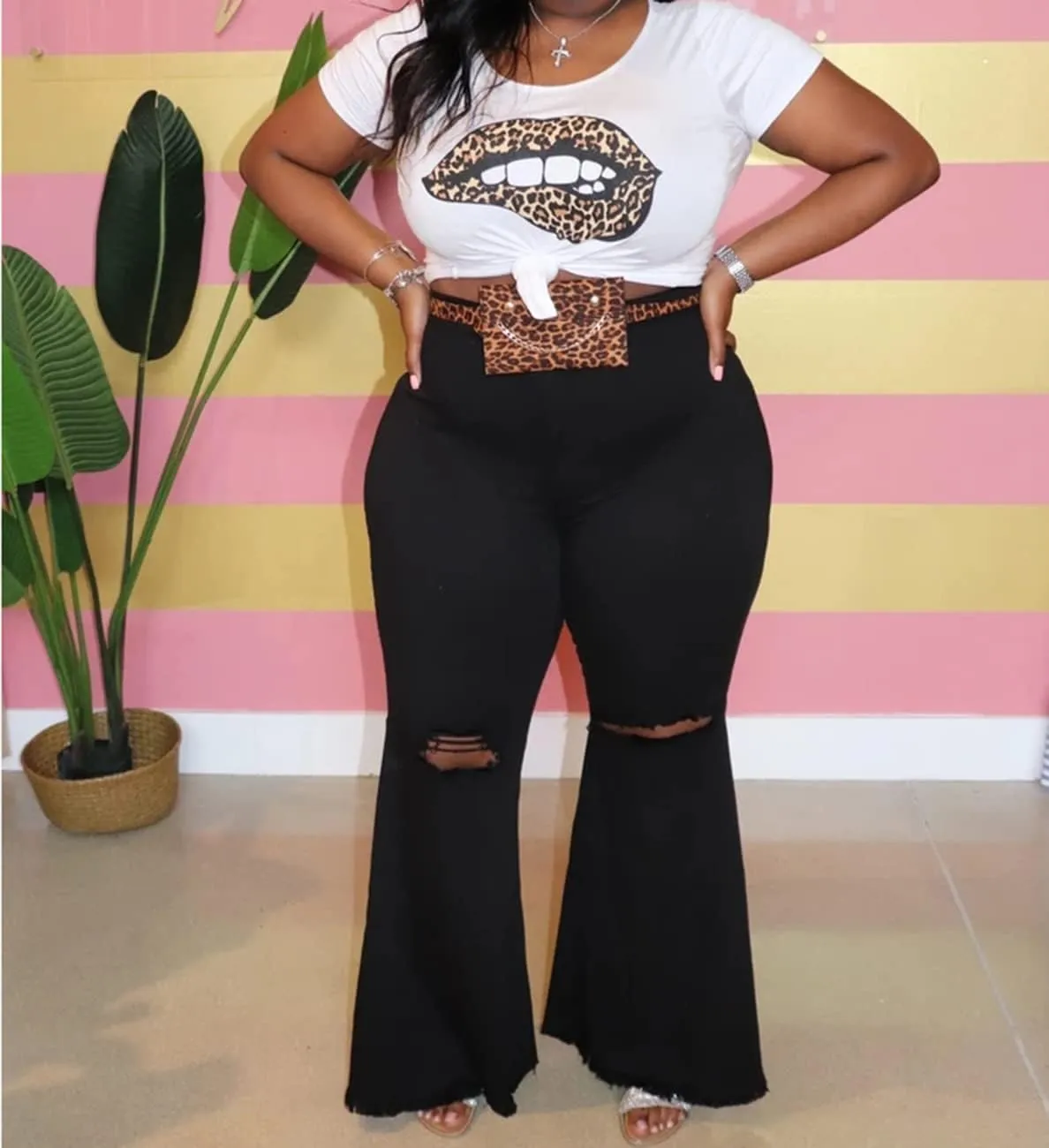 BessCops Plus Size Bell Bottom Jeans for Women Elastic High Waisted Classic Flared Denim Pants
