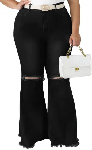 BessCops Plus Size Bell Bottom Jeans for Women Elastic High Waisted Classic Flared Denim Pants