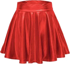 Black Pleather Skirt For Women Women's Metallic Skater Skirt Sparkly Shiny Flared Pleated A Line Mini Black