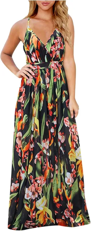 Boho Dresses for Women 2024 Floral Print V Neck Maxi Dress Spaghetti Strap Empire Waist Beach Dress Summer Dresses