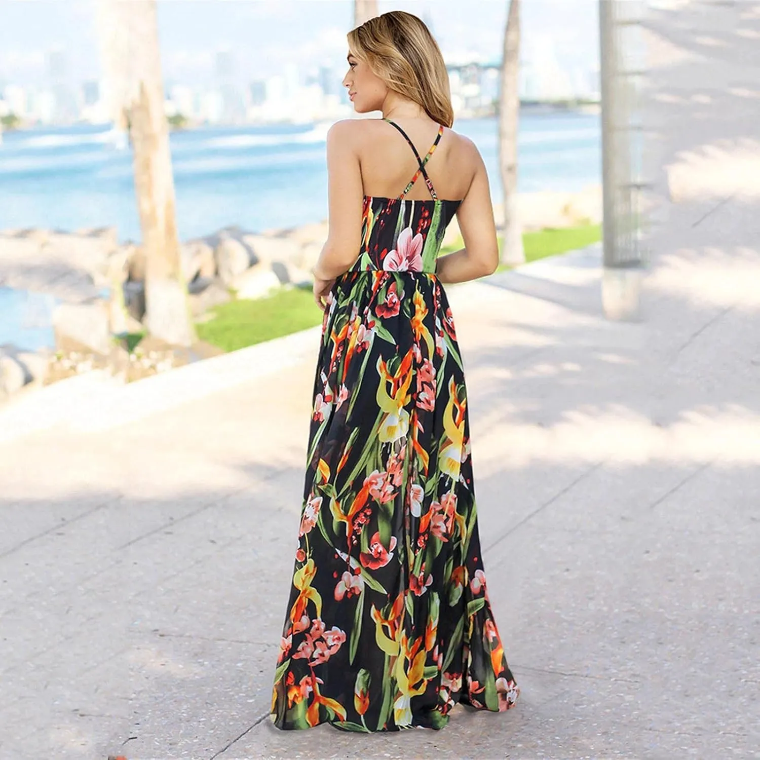Boho Dresses for Women 2024 Floral Print V Neck Maxi Dress Spaghetti Strap Empire Waist Beach Dress Summer Dresses