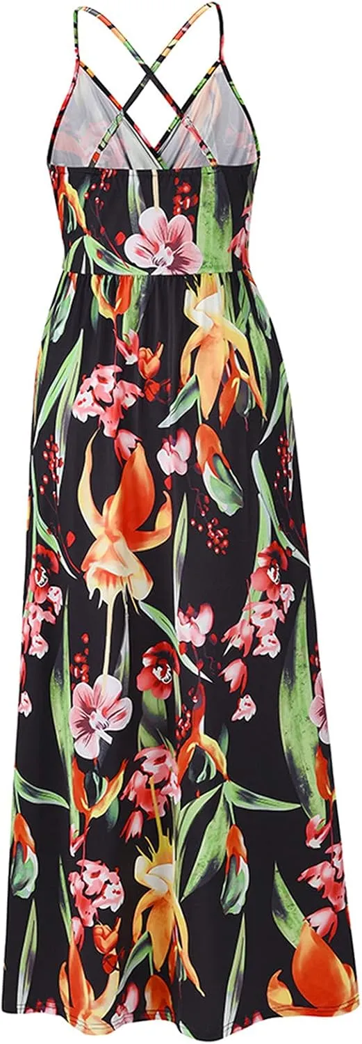 Boho Dresses for Women 2024 Floral Print V Neck Maxi Dress Spaghetti Strap Empire Waist Beach Dress Summer Dresses