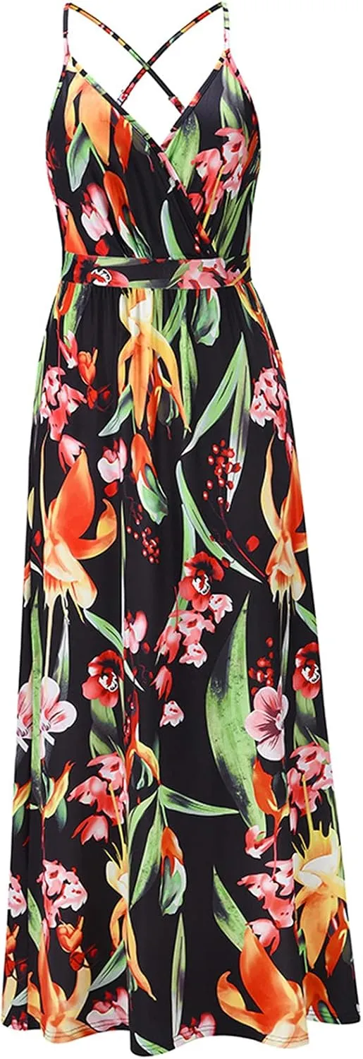 Boho Dresses for Women 2024 Floral Print V Neck Maxi Dress Spaghetti Strap Empire Waist Beach Dress Summer Dresses