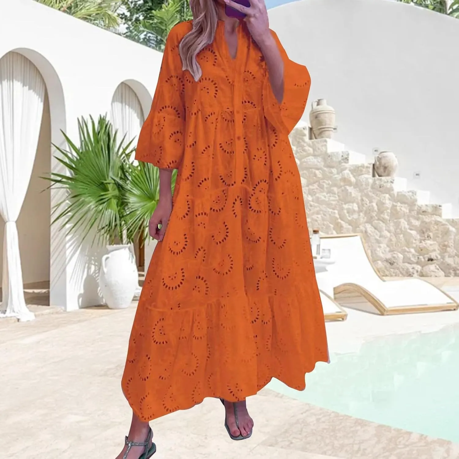 Boho Maxi Dress for Women Eyelet Dresses Elegant Lace Hollow Dress Summer V Neck Bell Sleeve Ruffle Flowy Long Dresses