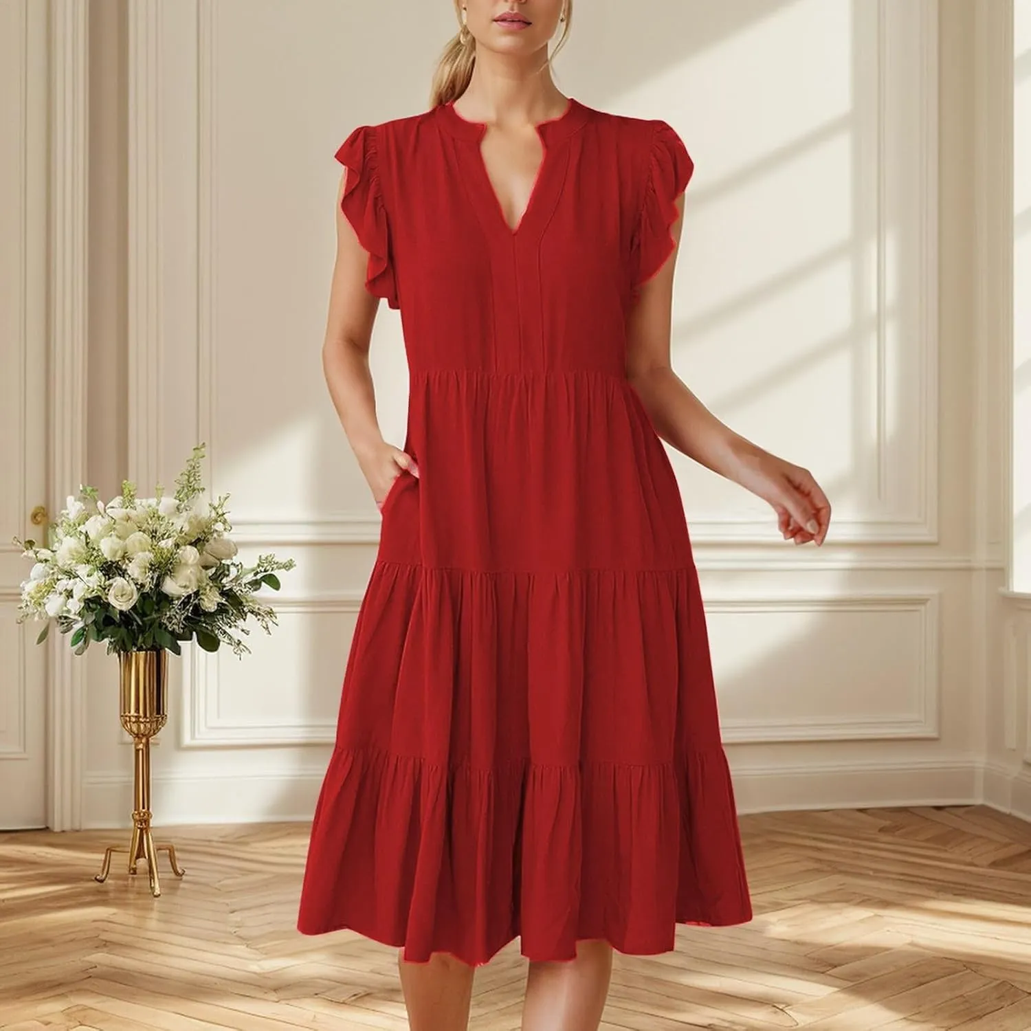 Boho Ruffle A Line Tiered Dress Midi Sundresses for Women V Neck Flowy Summer Casual Wedding Guest Dresses