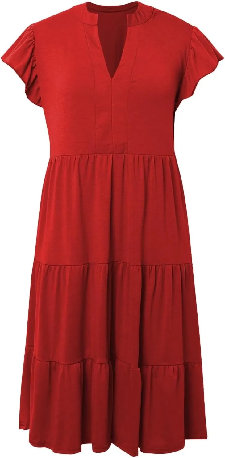 Boho Ruffle A Line Tiered Dress Midi Sundresses for Women V Neck Flowy Summer Casual Wedding Guest Dresses
