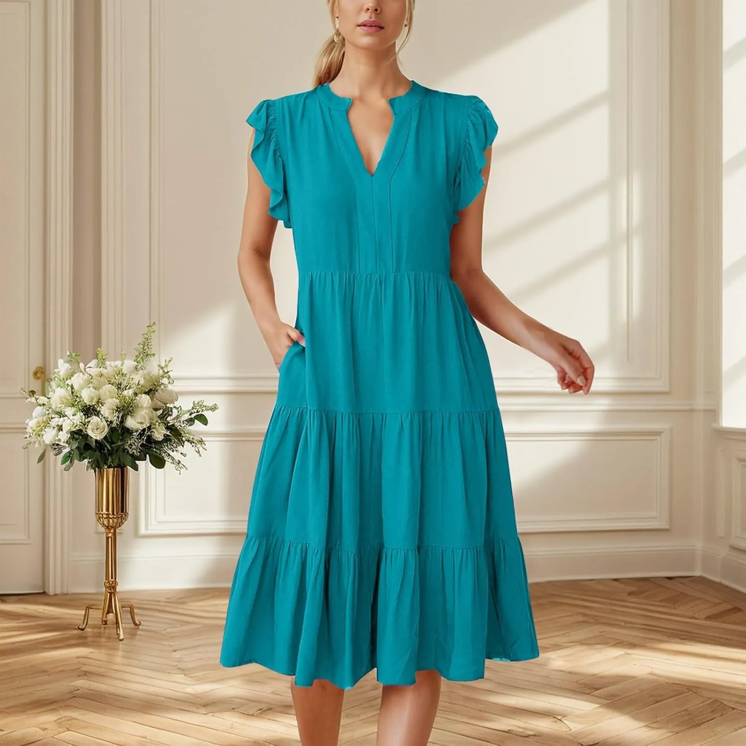 Boho Ruffle A Line Tiered Dress Midi Sundresses for Women V Neck Flowy Summer Casual Wedding Guest Dresses