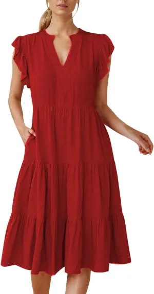Boho Ruffle A Line Tiered Dress Midi Sundresses for Women V Neck Flowy Summer Casual Wedding Guest Dresses