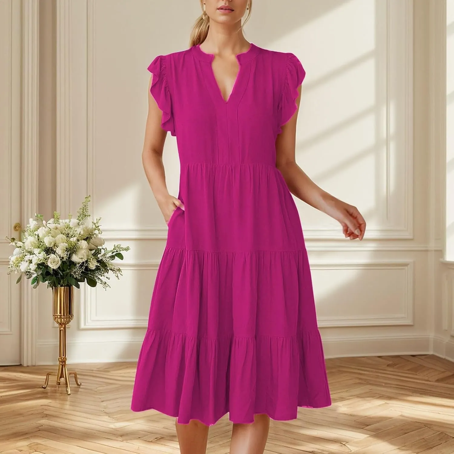 Boho Ruffle A Line Tiered Dress Midi Sundresses for Women V Neck Flowy Summer Casual Wedding Guest Dresses