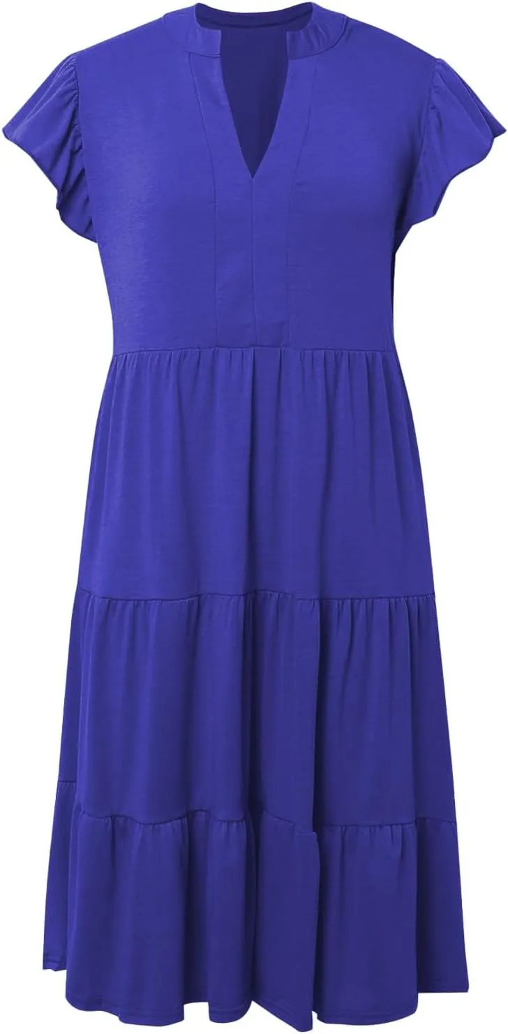 Boho Ruffle A Line Tiered Dress Midi Sundresses for Women V Neck Flowy Summer Casual Wedding Guest Dresses