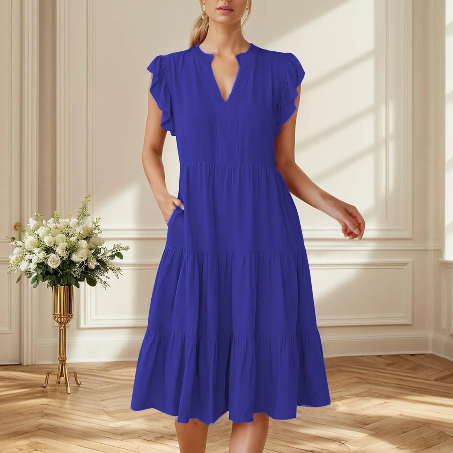 Boho Ruffle A Line Tiered Dress Midi Sundresses for Women V Neck Flowy Summer Casual Wedding Guest Dresses