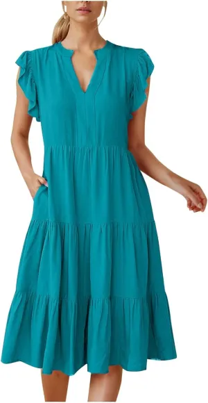 Boho Ruffle A Line Tiered Dress Midi Sundresses for Women V Neck Flowy Summer Casual Wedding Guest Dresses