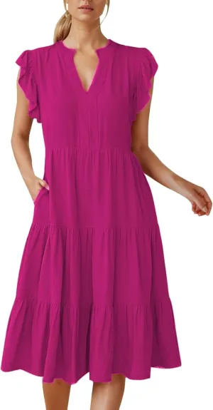 Boho Ruffle A Line Tiered Dress Midi Sundresses for Women V Neck Flowy Summer Casual Wedding Guest Dresses