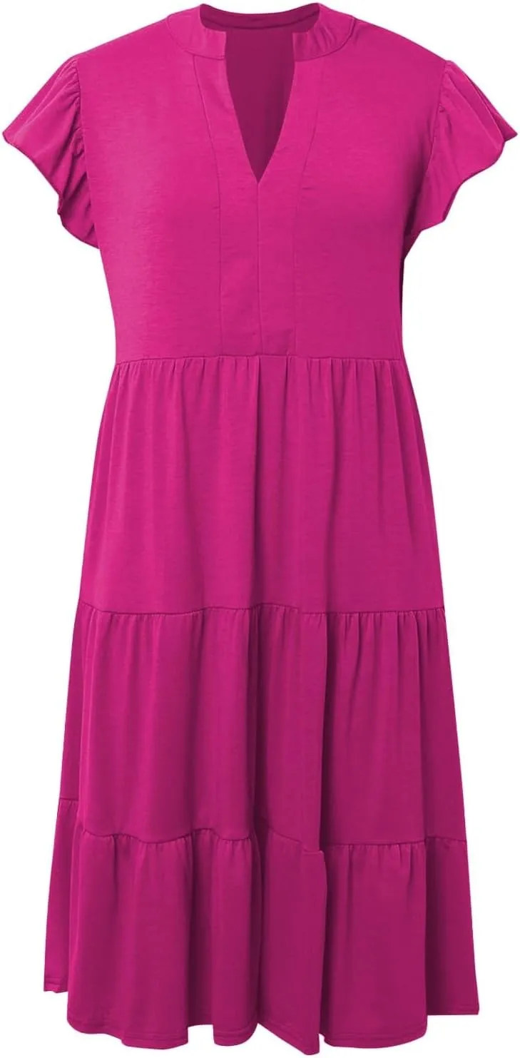 Boho Ruffle A Line Tiered Dress Midi Sundresses for Women V Neck Flowy Summer Casual Wedding Guest Dresses