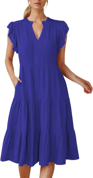 Boho Ruffle A Line Tiered Dress Midi Sundresses for Women V Neck Flowy Summer Casual Wedding Guest Dresses