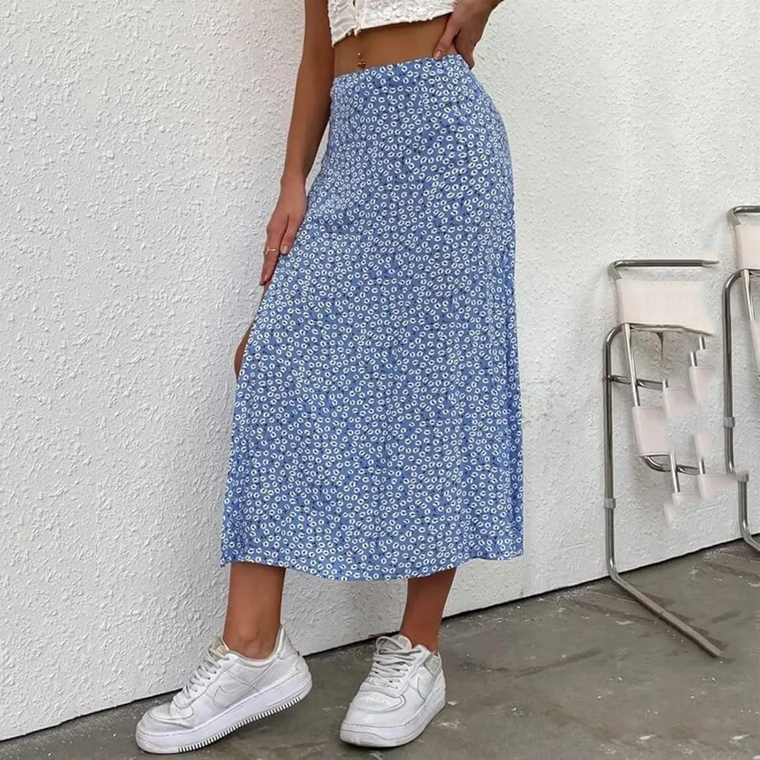 Boho Split Skirts for Women Floral Print Thigh Slit Swing High Waist A Line Midi Skirt Sexy Flared Summer Beach Skirt