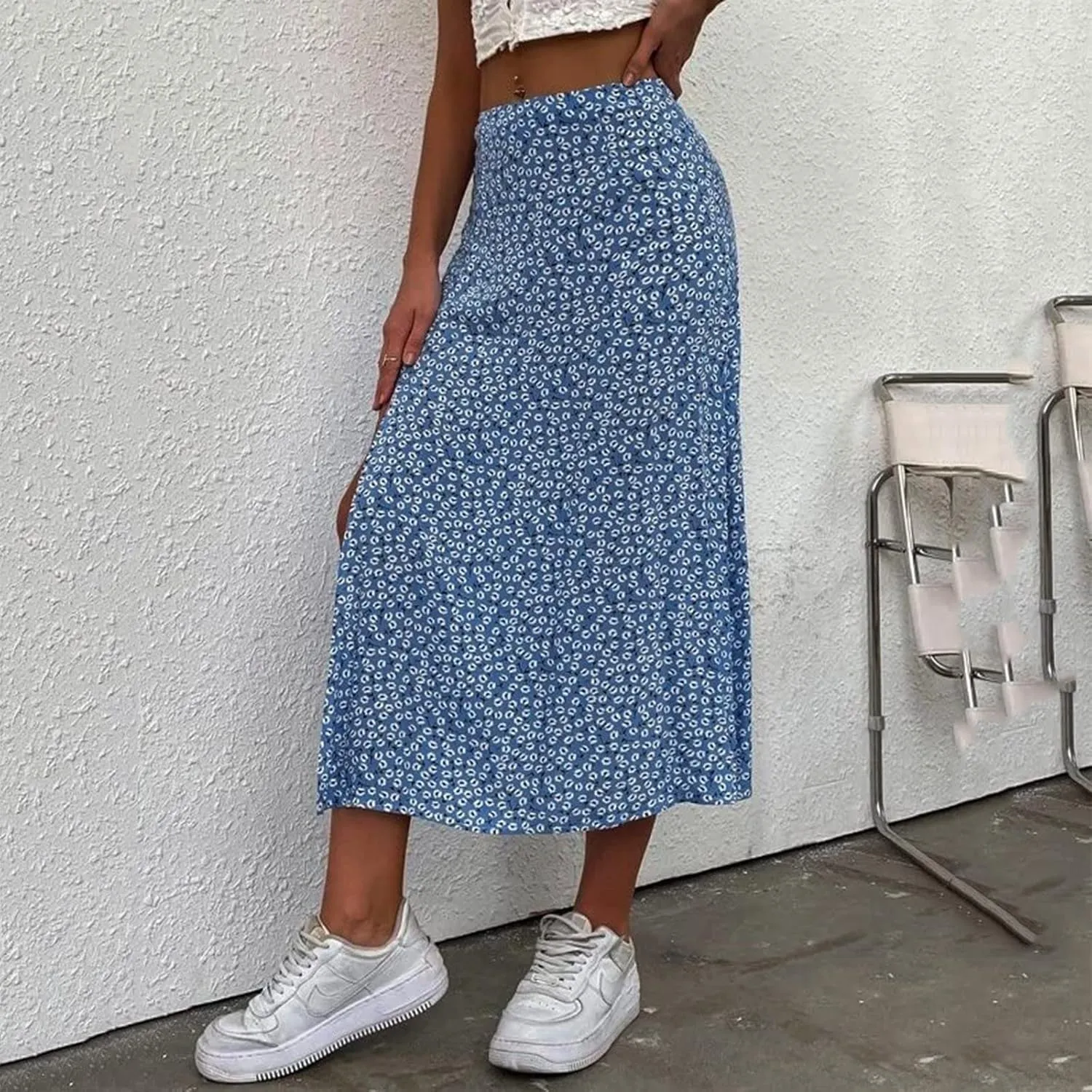 Boho Split Skirts for Women Floral Print Thigh Slit Swing High Waist A Line Midi Skirt Sexy Flared Summer Beach Skirt