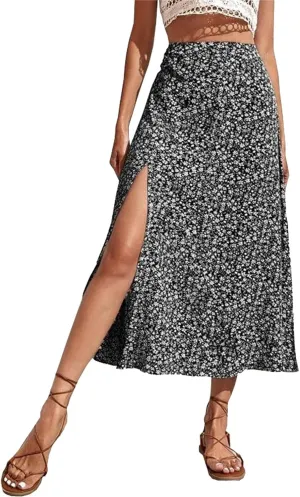 Boho Split Skirts for Women Floral Print Thigh Slit Swing High Waist A Line Midi Skirt Sexy Flared Summer Beach Skirt