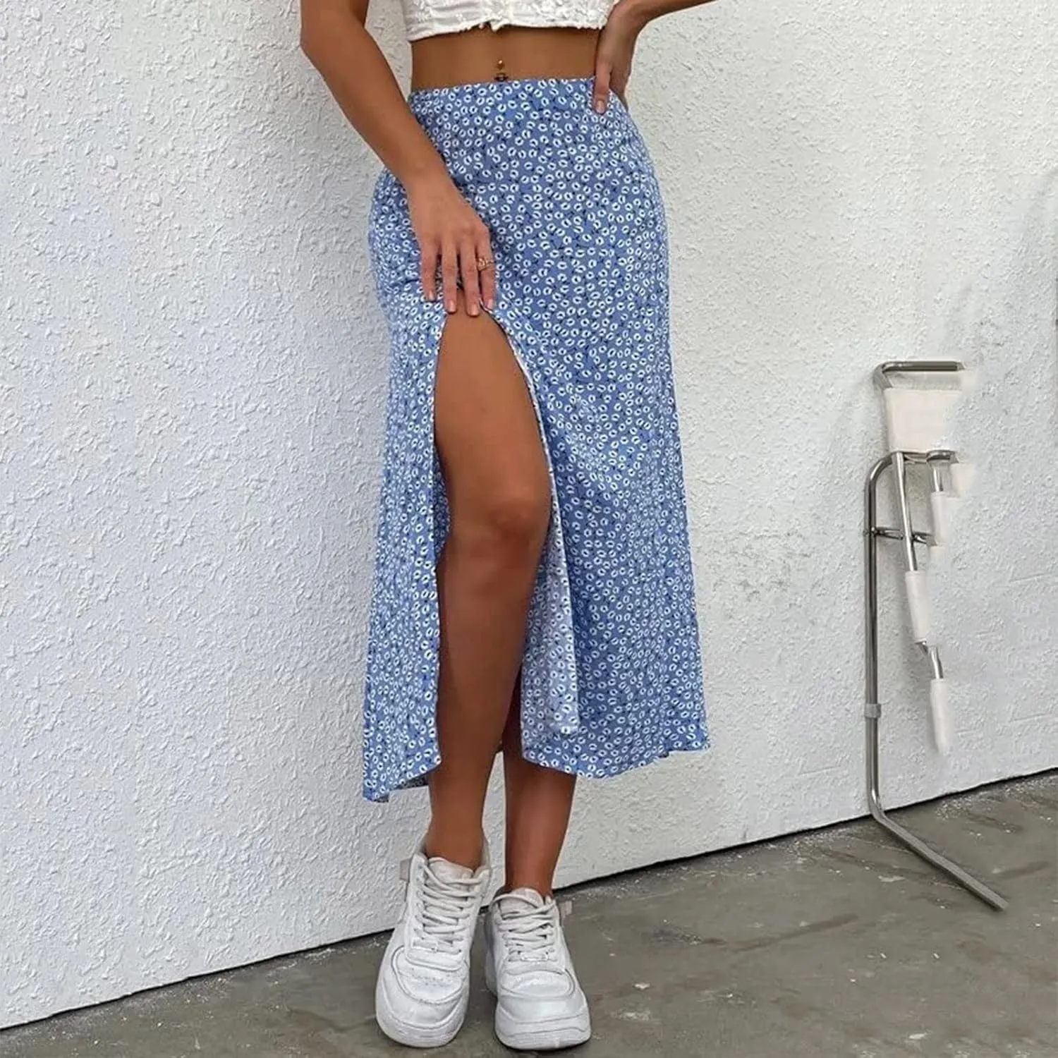 Boho Split Skirts for Women Floral Print Thigh Slit Swing High Waist A Line Midi Skirt Sexy Flared Summer Beach Skirt