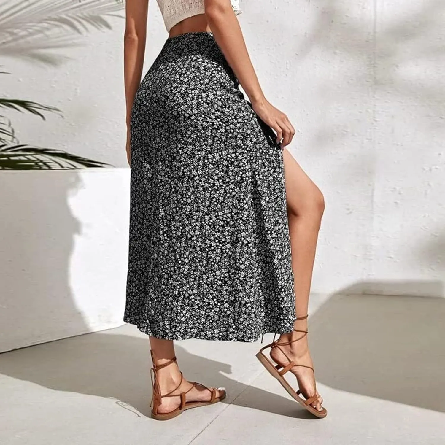 Boho Split Skirts for Women Floral Print Thigh Slit Swing High Waist A Line Midi Skirt Sexy Flared Summer Beach Skirt