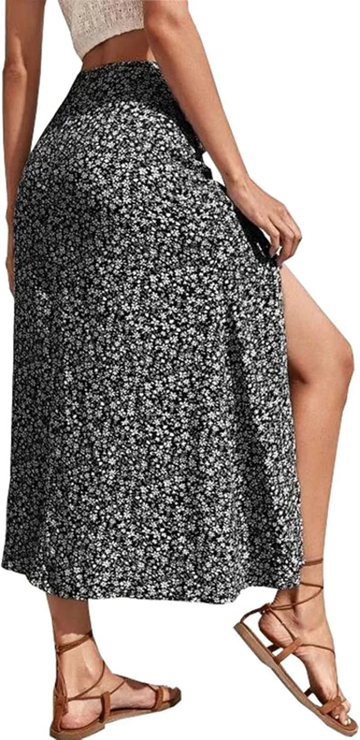 Boho Split Skirts for Women Floral Print Thigh Slit Swing High Waist A Line Midi Skirt Sexy Flared Summer Beach Skirt