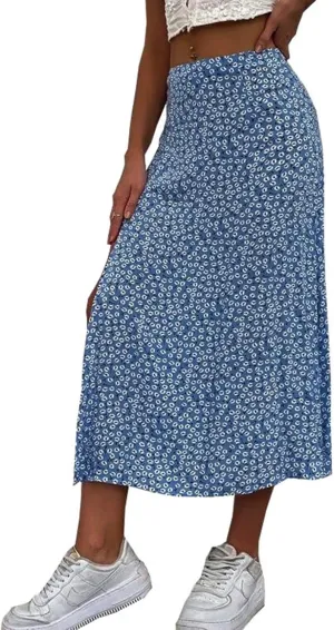 Boho Split Skirts for Women Floral Print Thigh Slit Swing High Waist A Line Midi Skirt Sexy Flared Summer Beach Skirt