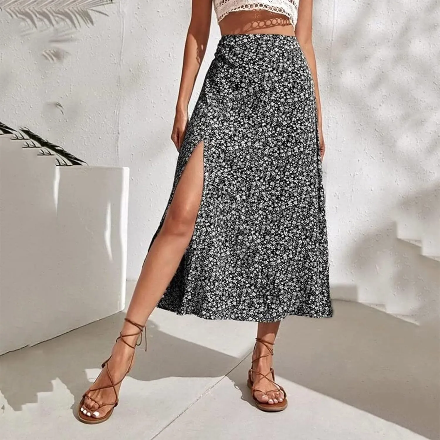 Boho Split Skirts for Women Floral Print Thigh Slit Swing High Waist A Line Midi Skirt Sexy Flared Summer Beach Skirt