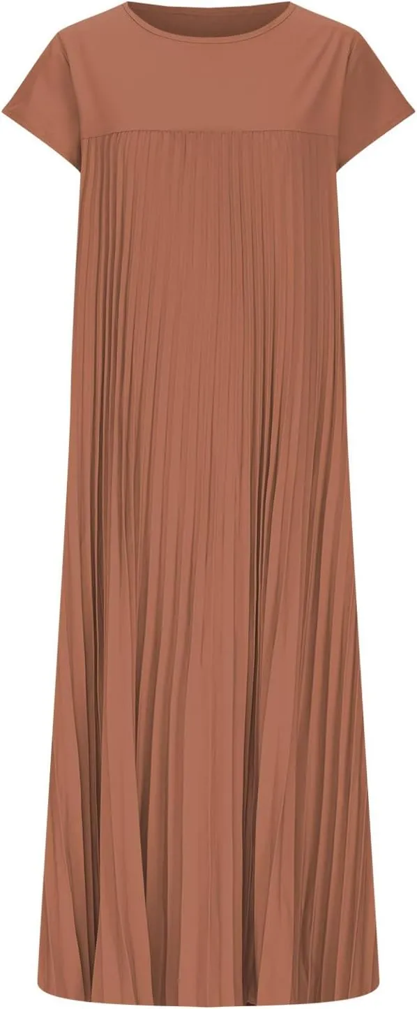 Borniu Women's Cap Sleeve Pleated Cute Dress Ruffle Hem Crew Neck Elegant Crewneck Loose Fit Flowy Swing Long Midi Dresses