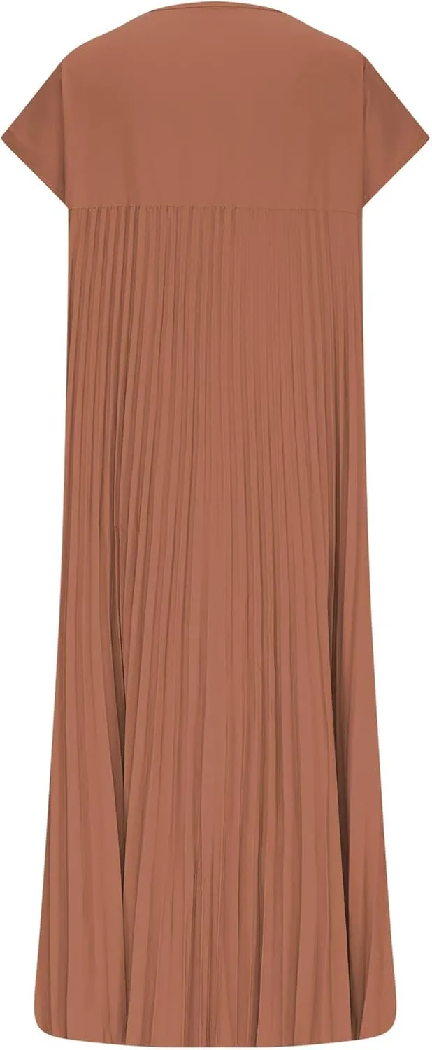 Borniu Women's Cap Sleeve Pleated Cute Dress Ruffle Hem Crew Neck Elegant Crewneck Loose Fit Flowy Swing Long Midi Dresses