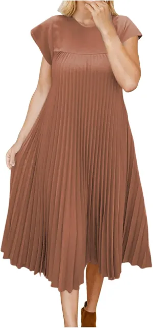 Borniu Women's Cap Sleeve Pleated Cute Dress Ruffle Hem Crew Neck Elegant Crewneck Loose Fit Flowy Swing Long Midi Dresses