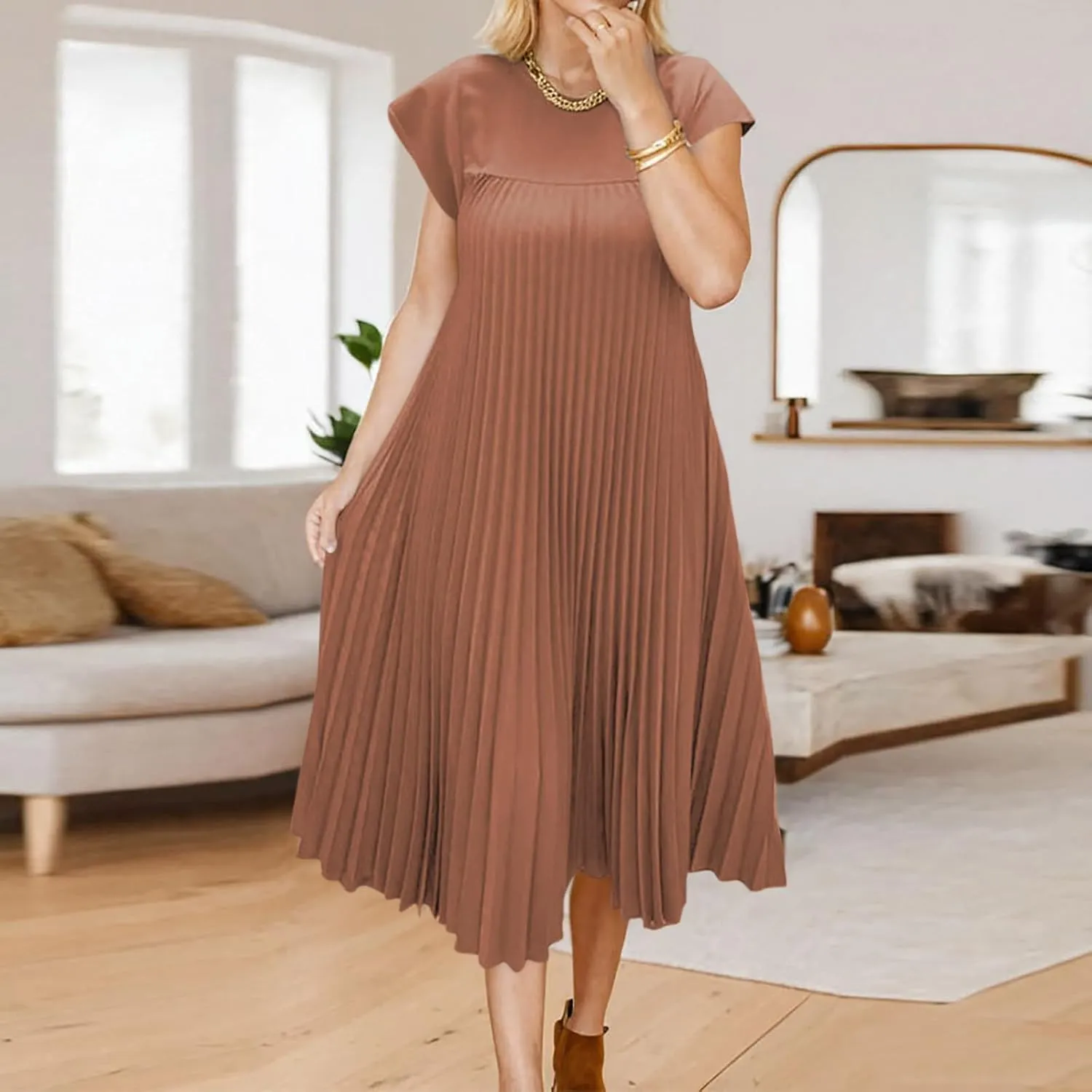 Borniu Women's Cap Sleeve Pleated Cute Dress Ruffle Hem Crew Neck Elegant Crewneck Loose Fit Flowy Swing Long Midi Dresses