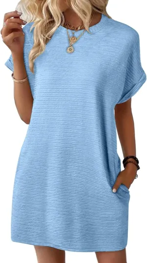 Borniu Womens Summer Beach Vocation Cute T Shirt Dress Casual Short Sleeve Crewneck Loose Flowy Mini Dresses with Pockets