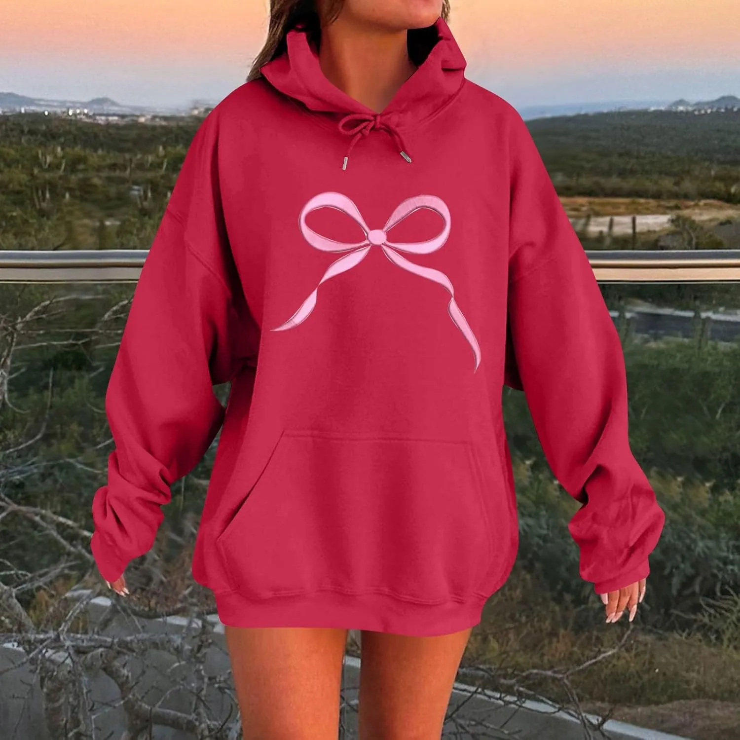 Bow Print Valentines Sweatshirts for Women Trendy Novelty Fleece Y2K Hoodie Drawstring Oversized Pullover with Pocket