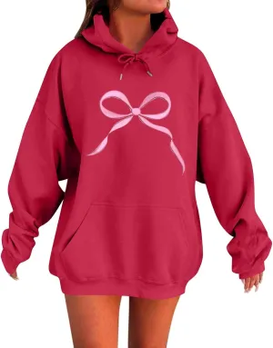Bow Print Valentines Sweatshirts for Women Trendy Novelty Fleece Y2K Hoodie Drawstring Oversized Pullover with Pocket