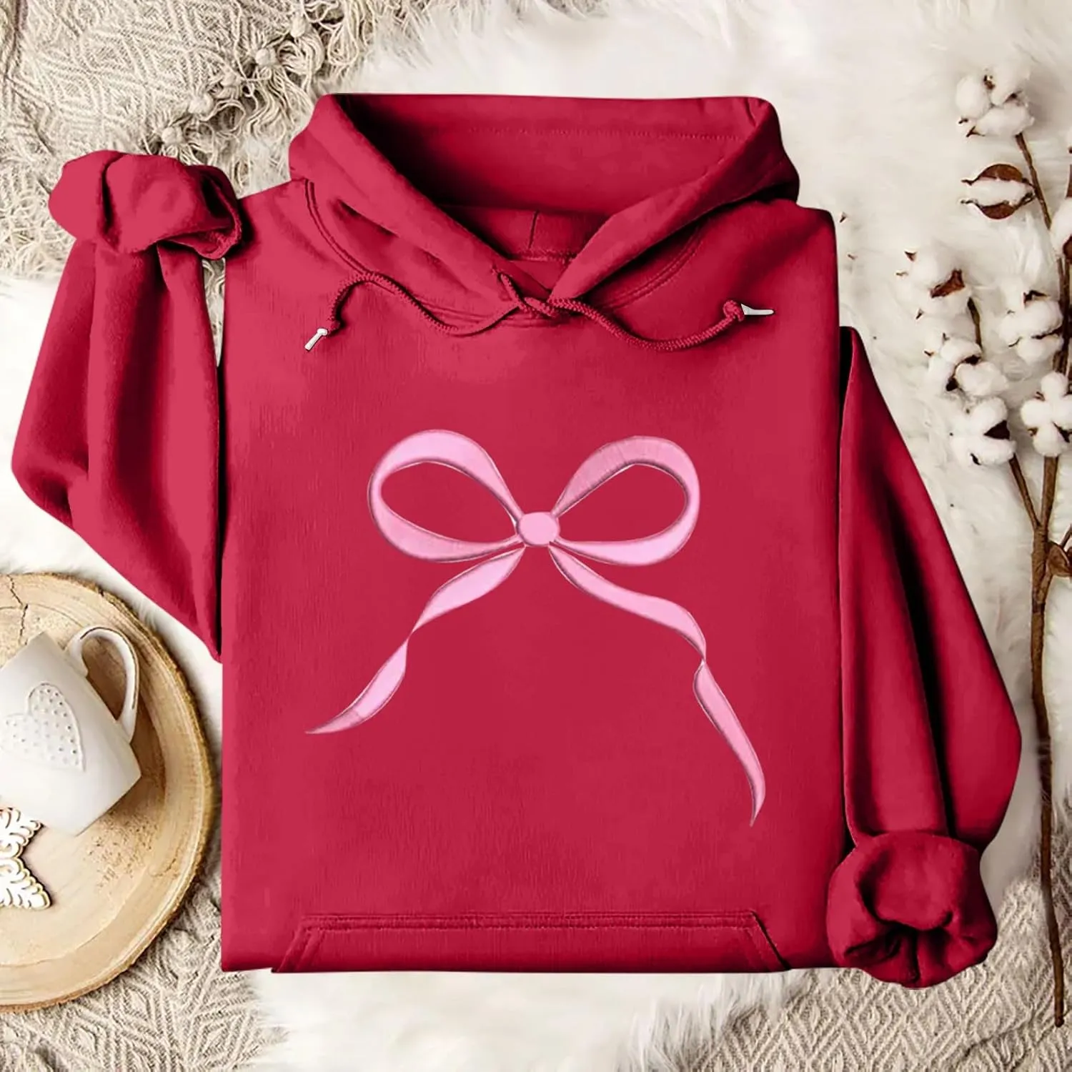 Bow Print Valentines Sweatshirts for Women Trendy Novelty Fleece Y2K Hoodie Drawstring Oversized Pullover with Pocket