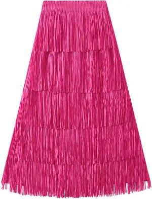 BTDECLAR Women's Pleated A-Line Maxi Skirt Elastic High Waist Flared Layer Ruffle Skirt Swing Flowy Tiered Long Fringe Skirts