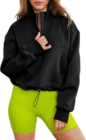 Bubeutou Womens Quarter Zip Pullover Trendy Fleece Sweatshirt Half Zip Cropped Hoodie Teen Girls Stand Collar Fall Casual Top (Black,L,Large)