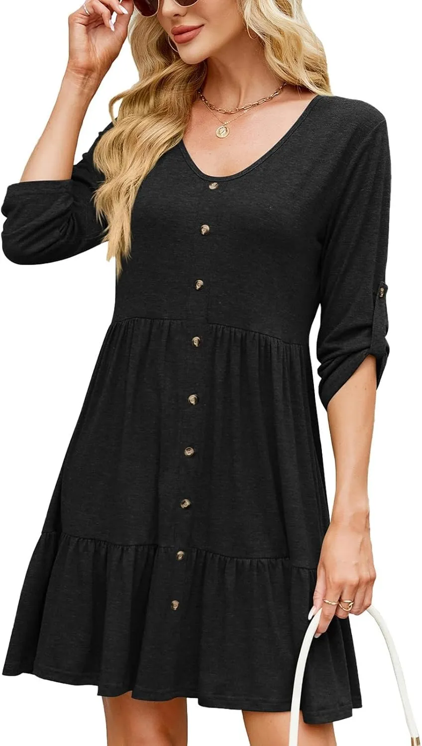 Button Front V-Neck Mini Dress for Women 3/4 Roll-Up Sleeves Summer Tunic Dresses Soft Lightweight Solid Sundress