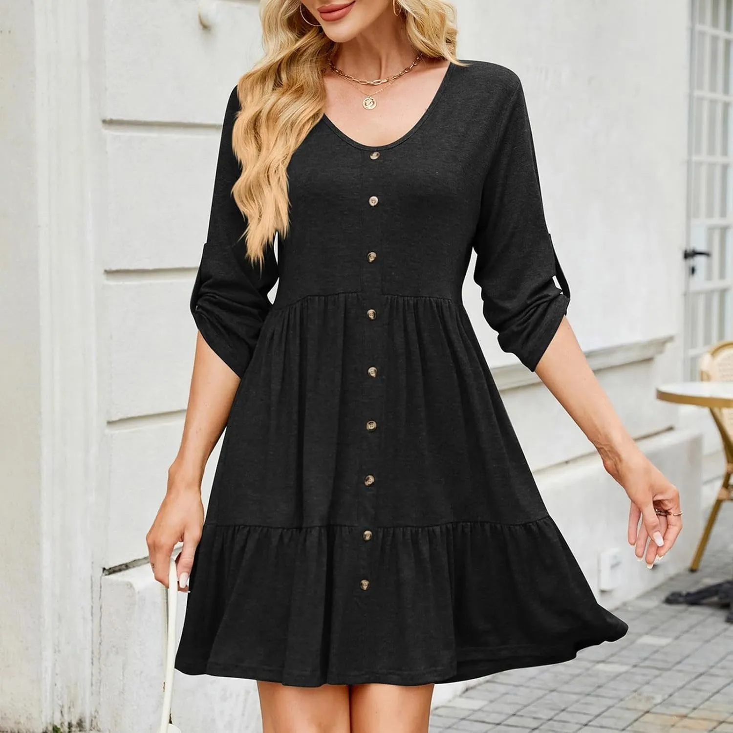 Button Front V-Neck Mini Dress for Women 3/4 Roll-Up Sleeves Summer Tunic Dresses Soft Lightweight Solid Sundress