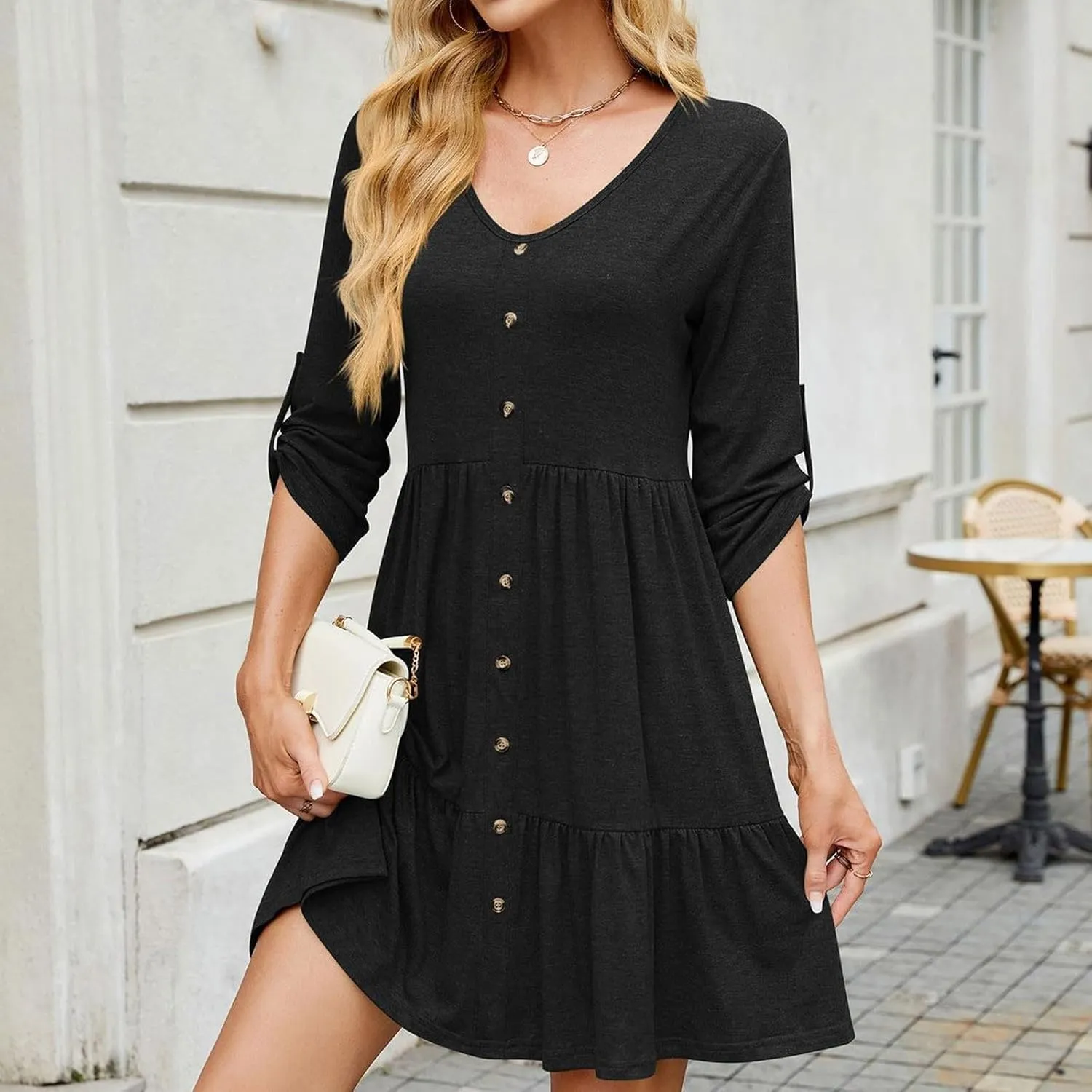 Button Front V-Neck Mini Dress for Women 3/4 Roll-Up Sleeves Summer Tunic Dresses Soft Lightweight Solid Sundress
