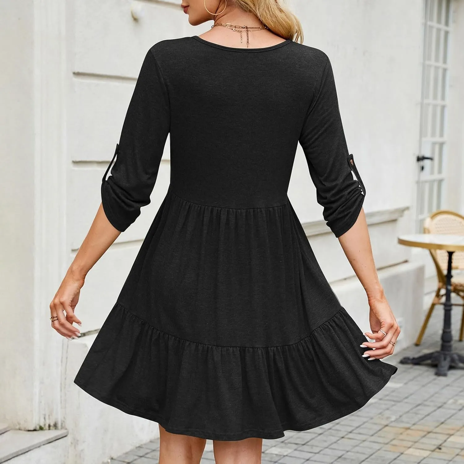 Button Front V-Neck Mini Dress for Women 3/4 Roll-Up Sleeves Summer Tunic Dresses Soft Lightweight Solid Sundress