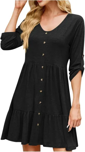 Button Front V-Neck Mini Dress for Women 3/4 Roll-Up Sleeves Summer Tunic Dresses Soft Lightweight Solid Sundress