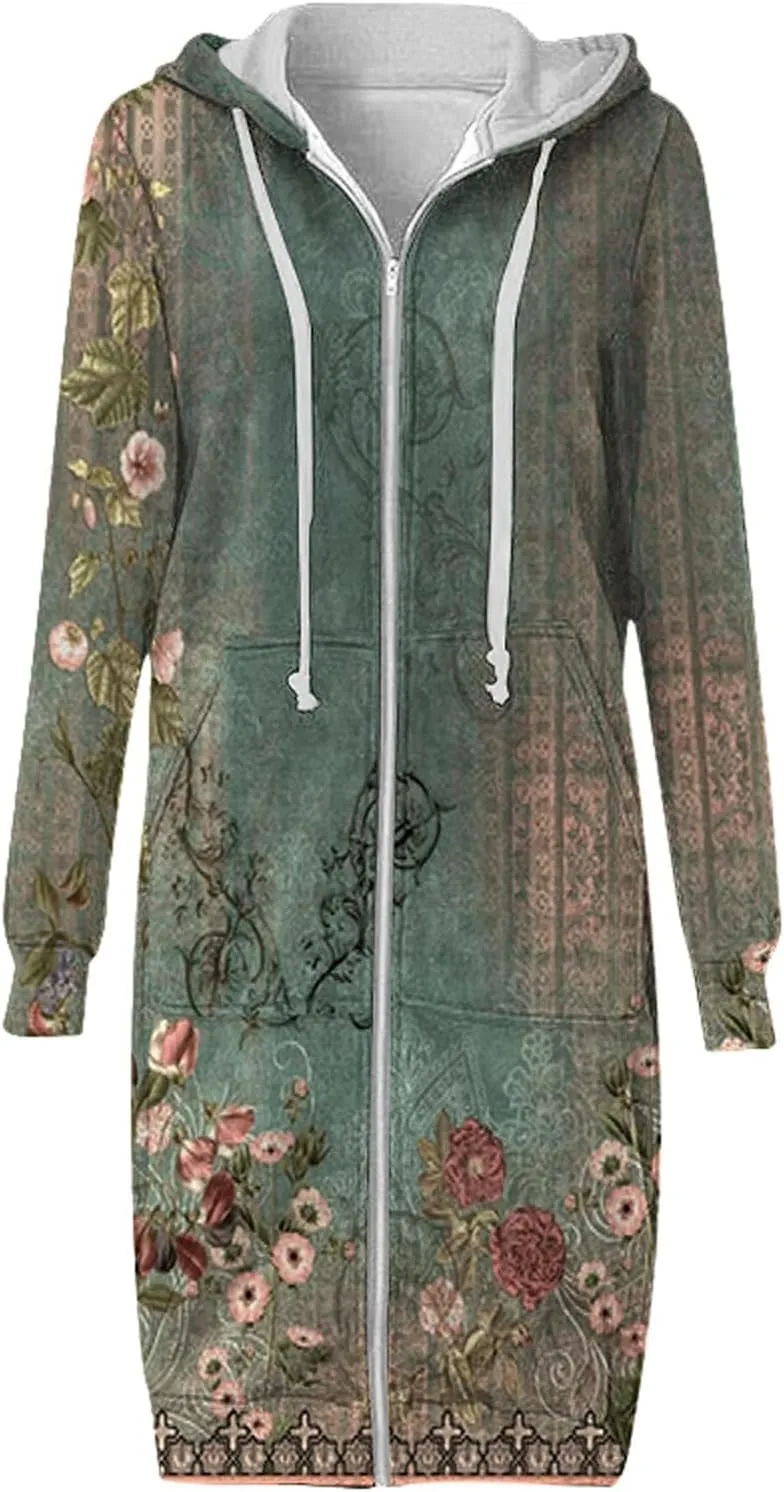 Caidigan Coat for Women Loose Fit Drawstring Hooded Open Front Long Sleeve Full Zip Up Jackets Autumn Casual Hoodies