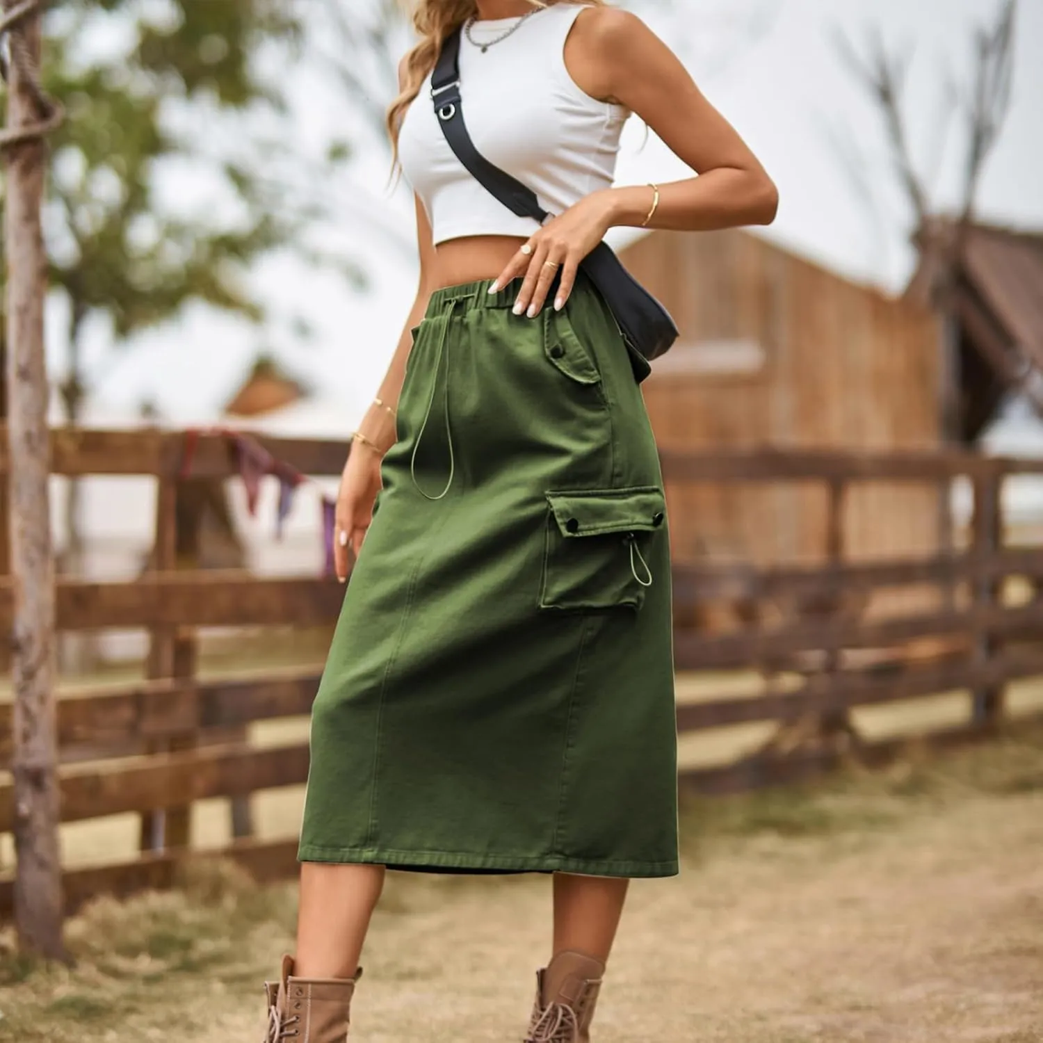 Cargo Skirts for Women Solid High Waist Drawstring Skort with Flap Pockets Casual Comfy Adjustable Knee Length Skirt