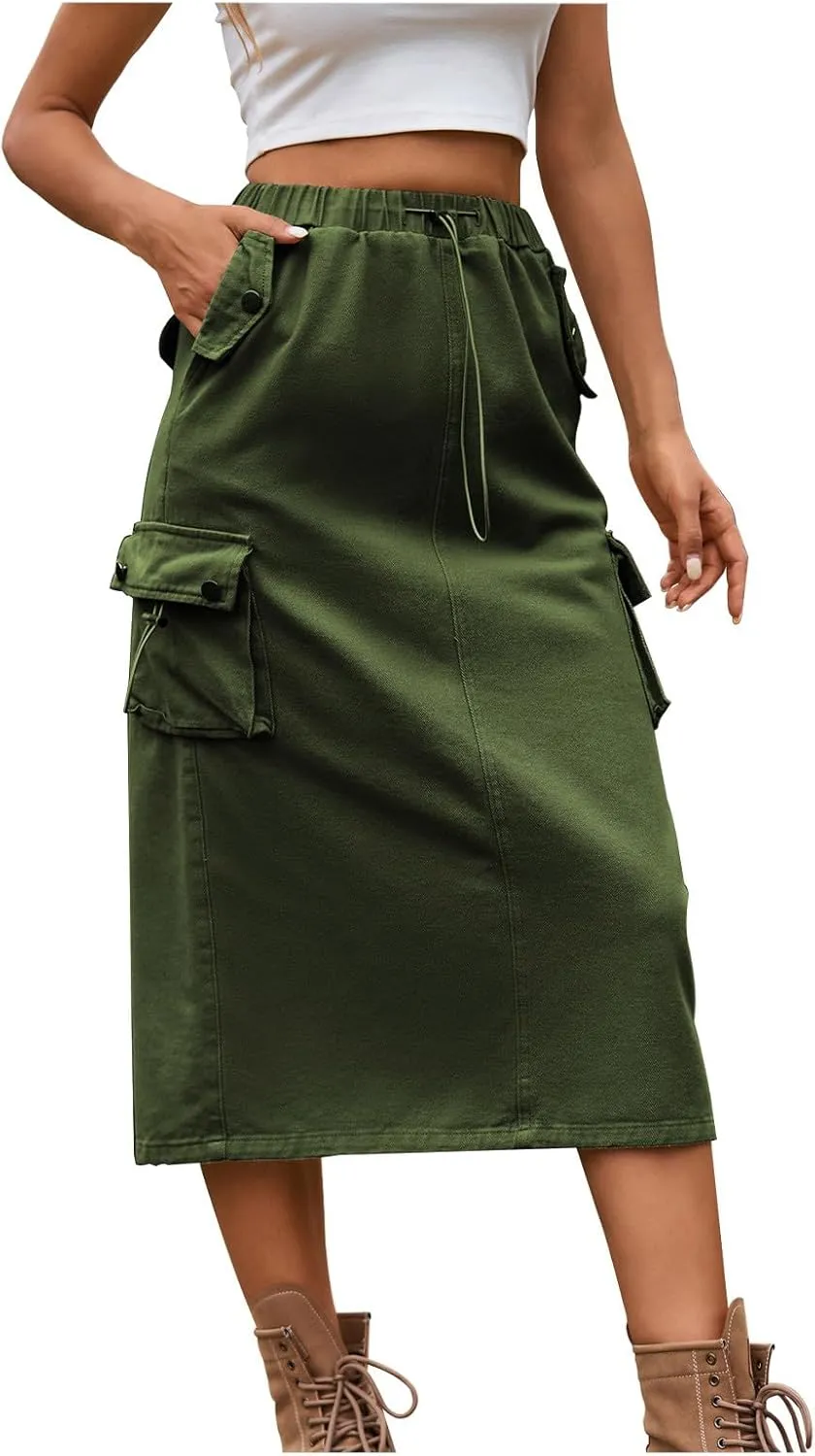 Cargo Skirts for Women Solid High Waist Drawstring Skort with Flap Pockets Casual Comfy Adjustable Knee Length Skirt