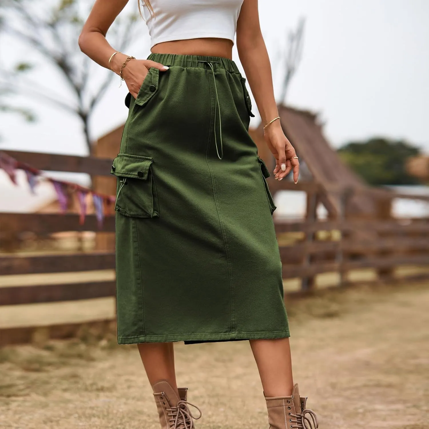 Cargo Skirts for Women Solid High Waist Drawstring Skort with Flap Pockets Casual Comfy Adjustable Knee Length Skirt