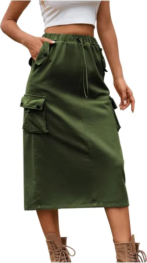 Cargo Skirts for Women Solid High Waist Drawstring Skort with Flap Pockets Casual Comfy Adjustable Knee Length Skirt